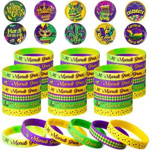 lot 6319 image: 60 Pcs Mardi Gras Party Favors Includes 30 Mardi Gras Rubber Bracelets Silicone Wristbands and 30 Button Pins Badges for Carnival Birthday Party Supplies Decorations Goodie Bag Stuffers Fillers