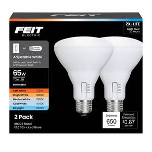 lot 6368 image: Feit Electric BR30 LED Light Bulb, 65W Equivalent, Dimmable, Color Selectable 6-Way, E26 Medium Base, 90 CRI, 650 Lumens, Damp Rated Recessed Lighting Bulb, 22-Year Lifetime, BR30DM6WYCA2, 2 Pack
