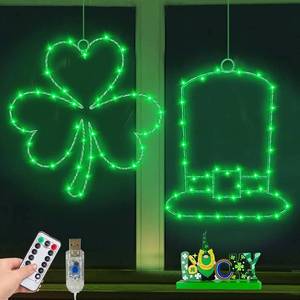 lot 9770 image: 2 Pack St. Patricks Day Window Lights with Timer St Patricks Day Decor 12 40 LED Shamrocks 36 LED Leprechaun Hat 8 Modes and Remote USB Powered Irish Green Silhouette Lights for Window Home Indoor