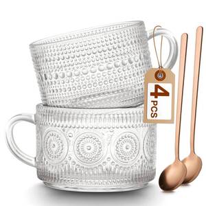 lot 9795 image: Mfacoy Vintage Coffee Mugs Set of 2, 14 oz Embossed Glass Cups with Handle, Clear Cups for Cappuccino, Latte, Cereal, Yogurt, Milk, Hot or Cold Beverages
