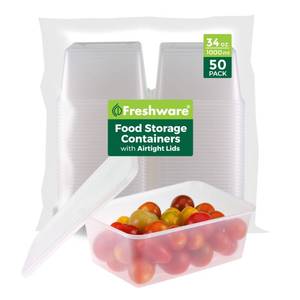 lot 9802 image: Freshware Food Storage Containers 50 Set 34 oz Plastic Deli Containers with Lids, Slime, Soup, Meal Prep Containers, BPA Free, Stackable, Leakproof, Microwave, Dishwasher and Freezer Safe