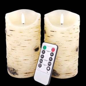 lot 9804 image: Flameless Candles LED Candles Birch Bark Effect Set of 2 (D3.25 X H6) Ivory Real Wax Pillar Battery Operated Candles with Dancing LED Flame 10-Key Remote Control and Cycling 24 Hours Timer��