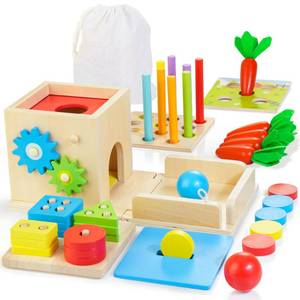 lot 9806 image: Kizfarm Wooden Montessori Baby Toys, 8-in-1 Wooden Play Kit Includes Object Permanent Box, Coin Box, Carrot Harvest, Shape Sorting & Stacking - Birthday Gift for Boys Girls Toddlers