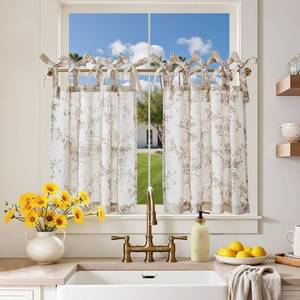 lot 10004 image: jinchan Floral Kitchen Curtains 24 Inch Linen Tier Curtains Farmhouse Cafe Half Window Drapes Over Sink Light Filtering Taupe on Beige for Living Room Laundry Tie Top 2 Panels