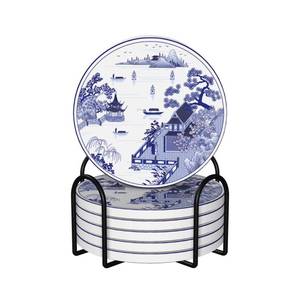 lot 10031 image: keluki 6 Pcs Ceramic Coasters with Holder Absorbent Drink Round China Blue and White Porcelain Royal Collection Design for Home Table Coffee Cup Wine Beer Bar,Size 4 inches