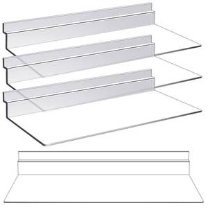 lot 10052 image: Kathfly 4 Pack 4 x 10 Inch Slatwall Shelves Hanging Accessories Clear Slatwall Shelf Plastic Shelves for Wall, Home Shoe Stores Boutiques Supplies (Clear)
