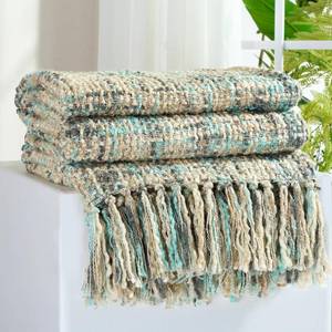 lot 11054 image: GINAMUSE Multi-Color Blue Grey Cable Woven Throw Blanket for Couch,50X60 Boho Style Textured Blankets for Home Decor,Super Soft Warm Cozy Chunky Blanket with Decorative Tassels for Bed