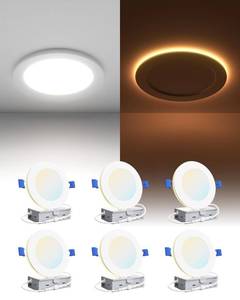 lot 11056 image: Ensenior 6 Pack 4 Inch LED Recessed Ceiling Light with Night Light, Dimmable, 2700K-5000K 5CCT, 750LM 9W 120V, High Brightness Canless Wafer Downlight - FCC