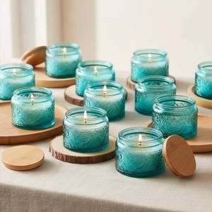 lot 11075 image: 18-Pack 4oz Embossed Glass Candle Container with Bamboo Lids and Labels, Blue Candle Jars for Making Candles, Sun Moon Star Design