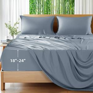 lot 11087 image: Shilucheng 100% Viscose Derived from Bamboo_Sheets, Extra Deep Pocket Sheets Fits 18-24 Thick Mattress, Cooling Bed Sheets (Queen,French Blue)