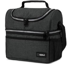 lot 11090 image: OPUX Lunch Box For Men Women, Insulated Large Double Decker Lunch Bag, Charcoal Gray, 10x7.5x10 Inches