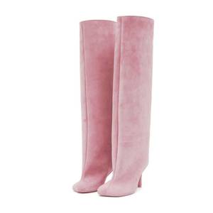 lot 11947 image: Trelako Womens Knee High Boots Nude Suede Wide Calf Stiletto Long Booties Square Toe Pull On High Heel Riding Boots for Women Ladies Fashion Dress Tall Boots