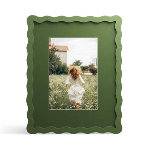 lot 11951 image: THKRLOF 8x10 Picture Frame with Mat for 5x7, Wavy Edge Wooden Real Glass Photo Frame for Tabletop and Wall Hanging, Green, 1 Pack