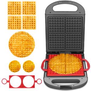 lot 11956 image: Bakers Friend Multi Shapes Waffle Iron, A Combo of Mini Waffle Maker, American Classic Waffle Maker, Belgian Waffle Machine Thick & Chaffle Maker, Waflera Electrica, With 2 Silicone Molds, Grap tohite (Damaged)