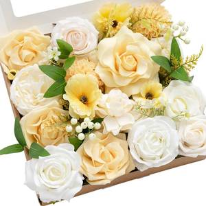 lot 11961 image: Lings moment Fake Flowers Box, Artificial Faux Greenery Stems Silk Roses Foam Gardenia for Wedding Bouquets Centerpieces Table Decorations Floral Picks Arrangements, Creamy Yellow, Grand Combo