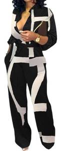 lot 11966 image: Business Jumpsuits For Women Elegant V Neck Zipper Long Sleeve Sexy Contrast Printing Decorative Strap Straight Long Pants Rompers With Pockets, SIZE LARGE