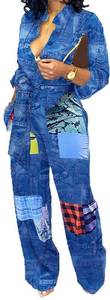 lot 11969 image: Imitation Denim Business Jumpsuits For Women Elegant V Neck Long Sleeve Sexy Printing Color Decorative Straight Long Pants Jumpsuits With Pockets, SIZE LARGE