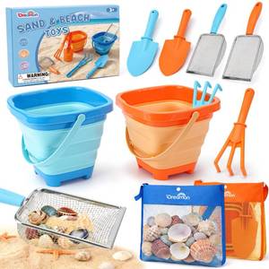 lot 11978 image: Dreamon Beach Toys, 2 Packs Travel Sand Toys for Kids Ages 4-8  10 PCS Sandcastle Building Kit with Collapsible Bucket, Mesh Bag, Sand Sifter, Shovel & Rake, Beach Essentials for Kids