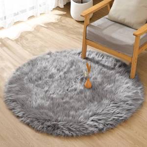 lot 11988 image: ORINOVA Silver Grey Shag Faux Sheepskin Fuzzy Fur Rugs for Bedroom Circle Plush Washable Furry Fur Area Rugs for Living Room Nursery 4ft X 4ft Rug