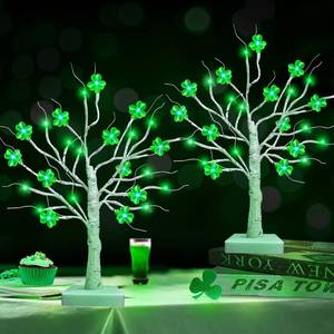 lot 11993 image: Prelit & Timer - St. Patricks Day Tree Decorations, 2 Pack 18 Inch Tabletop Lighted Birch Tree with Lucky Shamrocks Lights 24 Green Lights Battery Operated St. Patricks Day Decoration Indoor Home