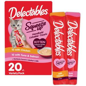 lot 12347 image: Delectables Squeeze Up Kitten Variety Pack, Creamy Squeezable Puree, Lickable Wet Cat Treats, Grain Free, No Added Fillers, No by-Products, No Added Preservatives, 0.5 Ounces Tube, 20 Tubes Total