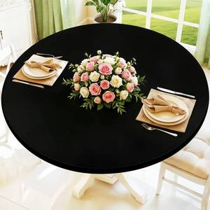 lot 12371 image: Moosfor Round Spandex Tablecloth, Elastic Fitted Waterproof Tablecloths for 36-44 Tables, Stretch Washable Picnic Table Cover for Camping, Dining, Indoor and Outdoor, Black