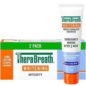 lot 12388 image: TheraBreath Whitening Toothpaste, Gentle Peroxide-Free Teeth Whitening in 1 Week (3), with Fluoride for Anticavity Protection, Dazzling Mint, 4 Oz, 2-Pack
