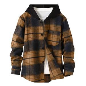 lot 12394 image: Boys Flannel Shirts Plaid Hoodie Button Down Long Sleeve Shirt Fall Winter Fashion Lightweight Hooded Jacket Coats Orange, SIZE 170