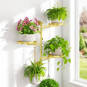lot 15949 image: iDavosic.ly Rotating Window Plant Shelves, 3-Tier Metal Wall Stand with 2 Hooks, Flower Display Holder Rack for Living Room, Space Saving, Gold (PotsChainsPlants Not Included)