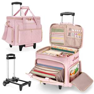 lot 15955 image: Prokva Rolling Scrapbook Bag, Scrapbook Storage Tote Bag with Wheels, Craft Cart Organizer with Detachable Trolley, Art Supplies Organizer Bag for Artist Crafter Teacher, Pink(Patent Design)