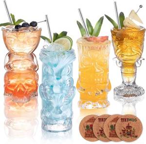 lot 15959 image: SUN GKOTTA Clear Tiki Glasses Set of 4 - Exotic Tropical Cocktail Glasses with Straws and Coasters,Hawaiian Style Tiki Mugs for cocktails,Mai Tai, Zombie and Pia Colada,Tiki Bar Drinkware.