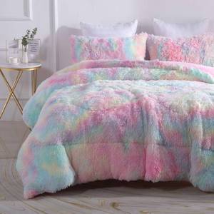 lot 15966 image: Wajade Faux Fur Plush Rainbow Comforter Set Fluffy Fuzzy Shaggy Bedding Set - 3PC Full Size Microfiber Soft Warm Quilt Set