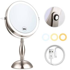 lot 15975 image: Makeup Mirror with Light, 30x Magnifying Mirror with 3 Lights Colors, 5000mAh Vanity Mirror Brushed Nickel - 360° Rotation, Brightness Adjustable Magnification, Modern Style Side Touch  Side Charge