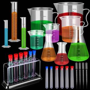 lot 15989 image: 28 Pcs Plastic Graduated Cylinders and Beakers, Including 3 Graduated Cylinder 5 Plastic Beakers 3 Erlenmeyer Flask 10 Droppers 6 Plastics Test Tubes with Rack, Ideal for DIY Science