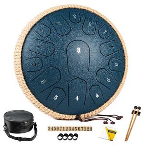 lot 15992 image: HOPWELL Steel Tongue Drum - 13 Inches 15 Notes Tongue Drum - Hand Pan Drum with Music Book, Handpan Drums Mallets and Carry Bag, D Major (Navy Blue)