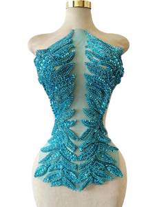 lot 16327 image: Akiko.CC Pure Handmade Bodice lace Applique Hand Sewing Beaded Sequins Trim Patches for Dress Clothes Skirts Multiple Design Styles Accessories 14X24inches (Sky Blue)