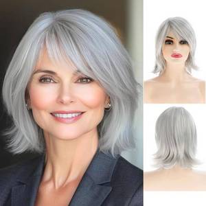 lot 16352 image: Baruisi Gray Short Hair Wigs for Women Synthetic Straight Natural Looking Cosplay Wig with Bangs