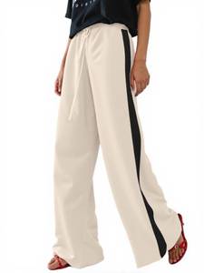 lot 16363 image: Charfille Womens Casual Pants Drawstring Leopard Print Color Block Side Striped Straight Leg Wide Leg Loose Pants (3-Beige Black, L)