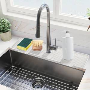 lot 16367 image: Kitchen Sink Splash Guard, 20IN Longer Silicone Faucet Guard & Draining Mat, Bathroom and Kitchen Sink Organizer, Sink Faucet Mat Water Splash Guard Behind Faucet Accessories Gadget, 20�� x 5.5��, White