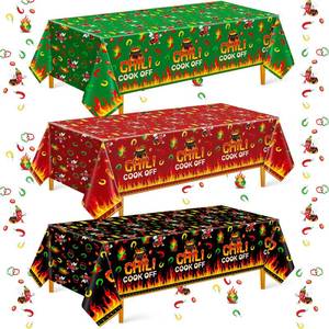lot 16371 image: Oudain 3 Pcs Chili Cook Off Disposable Tablecloth 108 x 54 Plastic Pepper Flame Table Covers Cooking Party Table Cloth for Chili Cook Off Prizes Contest Party Supplies(Black,Green,Red)