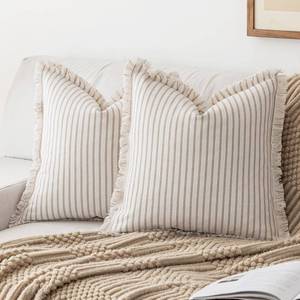 lot 16385 image: YEENAASY Throw Pillow Covers 20x20 Set of 2 Striped Fringe Pillow Cover Farmhouse Cushion Covers with Tassel Neutral Boho Pillows Decorative Square Pillowcase for Couch Sofa Bed, Khaki
