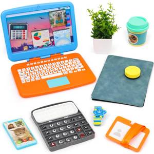 lot 16390 image: XIAPIA 10 Pcs Pretend Play Home Office Toys, Pretend Play for Toddlers 3-5-7, Pretend Play Sets with Kids Laptop, Pop-Up Calculator, Notebook, Watch, Coffee & Plant, Birthday Gift for 3 4 5 6 7 Year