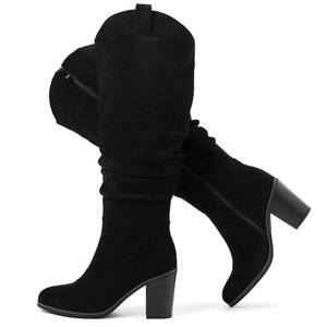 lot 17084 image: Luoika Womens Extra Wide Calf Cowboy Knee High Boots, Wide Width Cowgirl Slouchy Boots Chunky Pump Heel Plus Size Western Boots.230702 Black 9.5XW