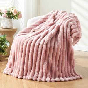 lot 17087 image: NEWCOSPLAY Super Soft Twin Blanket Pink Premium Silky Flannel Fleece 3D Ribbed Jacquard Lightweight Bed Blanket All Season Use (Pink Ribbed, Twin(60x80))