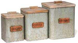 lot 17090 image: Red Co. Set of 3 Pre-Labeled Sugar, Coffee & Flour Distressed Metal Storage Canister Jars with Wooden Lids