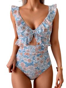 lot 18147 image: Eomenie One Piece Swimsuit for Women Tummy Control Ruffle Bathing Suit V Neck Ruched Swim Suit Slimming Cutout Swimwear Orange Floral