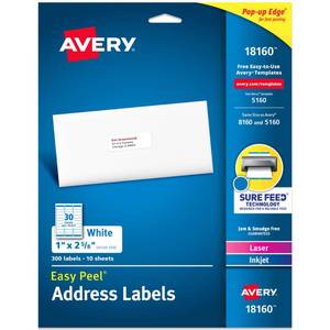 lot 18150 image: Avery Easy Peel Printable Address Labels with Sure Feed, 1 x 2-58 Customizable Stickers, White, 300 Blank Mailing Labels, Great for Mailing, Shipping, and More (18160)