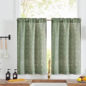 lot 18157 image: jinchan Boho Kitchen Curtains Linen Tier Curtains 24 Inches Bohemian Cafe Small Drapes Gray Striped Mudcloth Farmhouse for Bathroom RV Camper Light Filtering Rod Pocket 2 Panels Sage Green