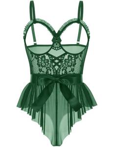 lot 18186 image: Avidlove Lingerie for Women Lace Body Suits Deep V Teddy Ruffle Nightie Satin Bow Belt Mini Babydoll(Green,XX-Large)