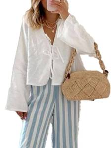 lot 18188 image: Chvity Tie Front Tops for Women Y2K Linen Shirts Flare Sleeve V Neck Going Out Coquette Clothes Casual Lace Up Bow Blouses White, SMALL